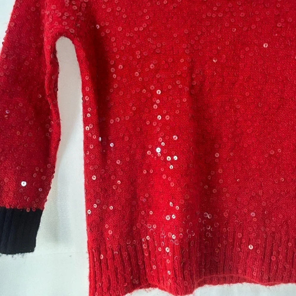 J.Crew Women’s Crew Neck Sweater Red Sequins and Blue Trim 3/4 Sleeves Small